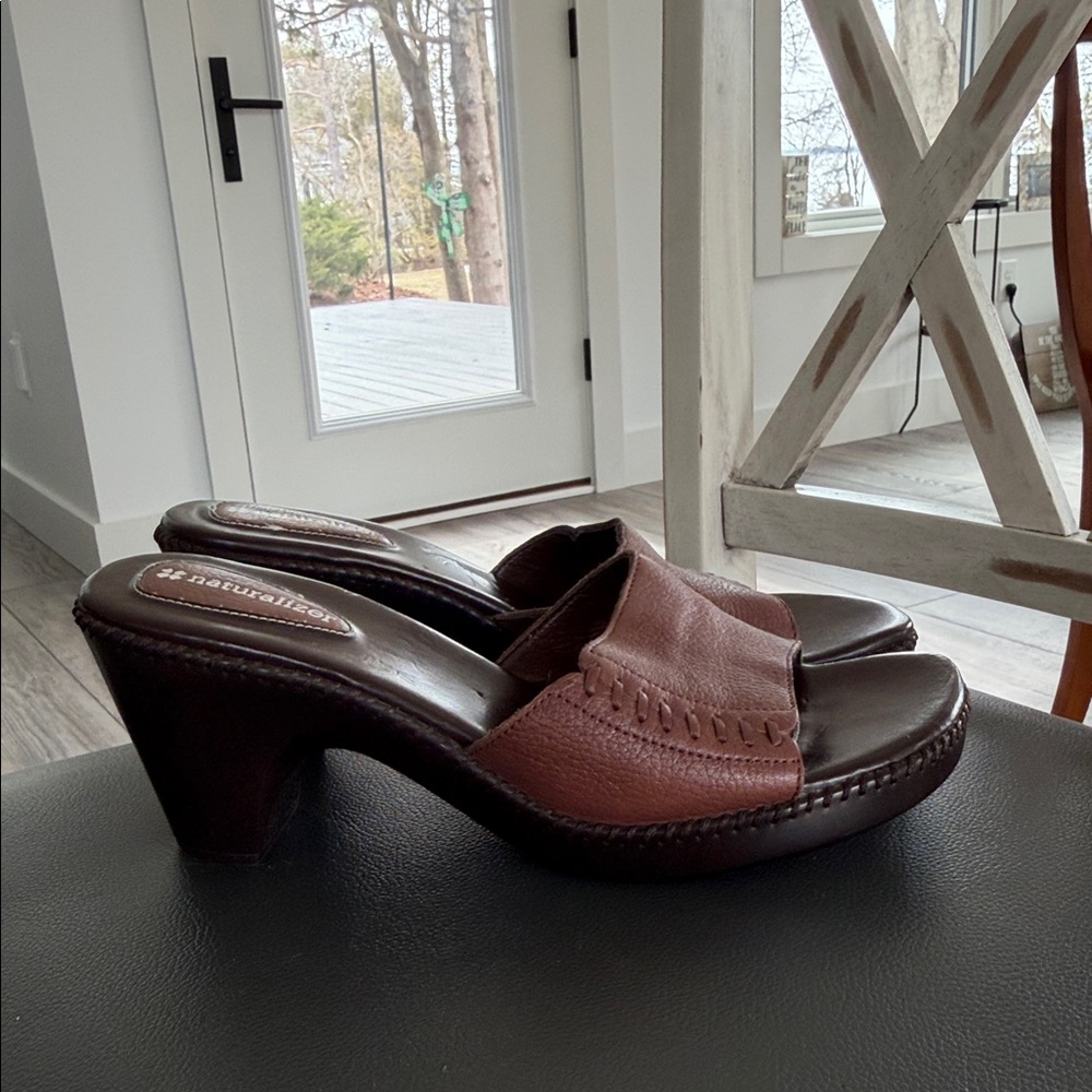 Naturalizer Brown Leather Slide Mules with Stitched Detail